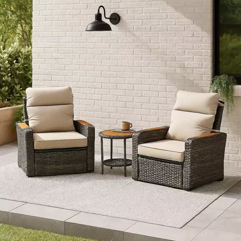 Teamson Home - Set da Esterno Reclinabile in Vimini a 3 Pezzi con Braccioli e Cuscini in Legno