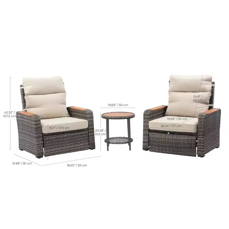 Teamson Home - Set da Esterno Reclinabile in Vimini a 3 Pezzi con Braccioli e Cuscini in Legno