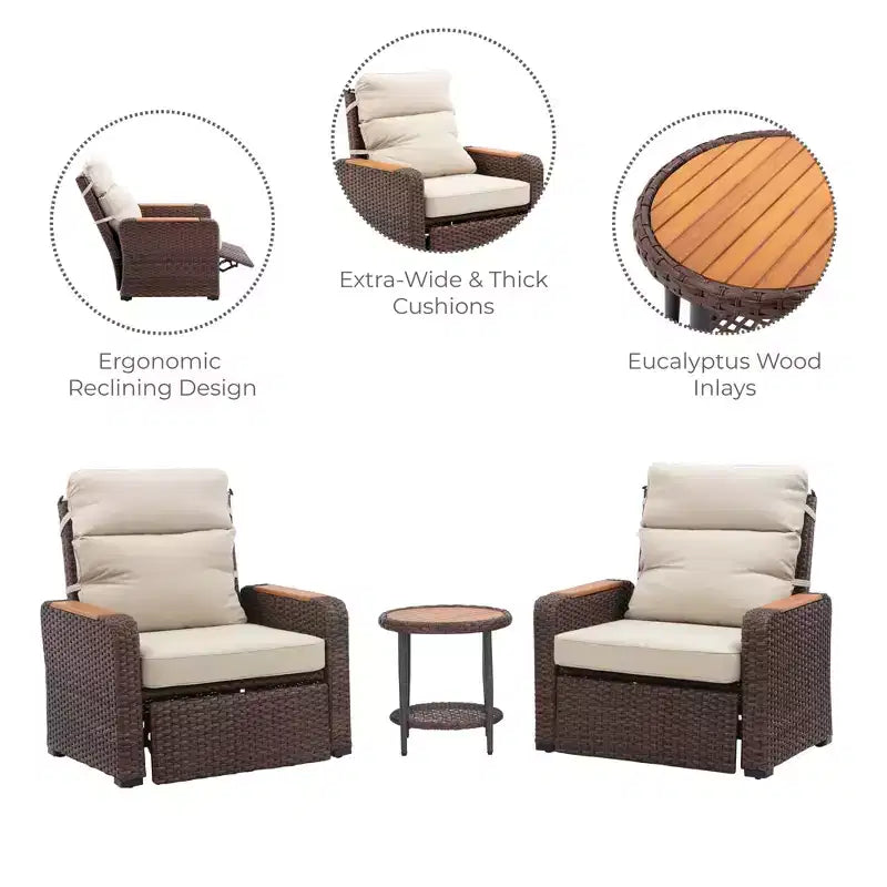 Teamson Home - Set da Esterno Reclinabile in Vimini a 3 Pezzi con Braccioli e Cuscini in Legno