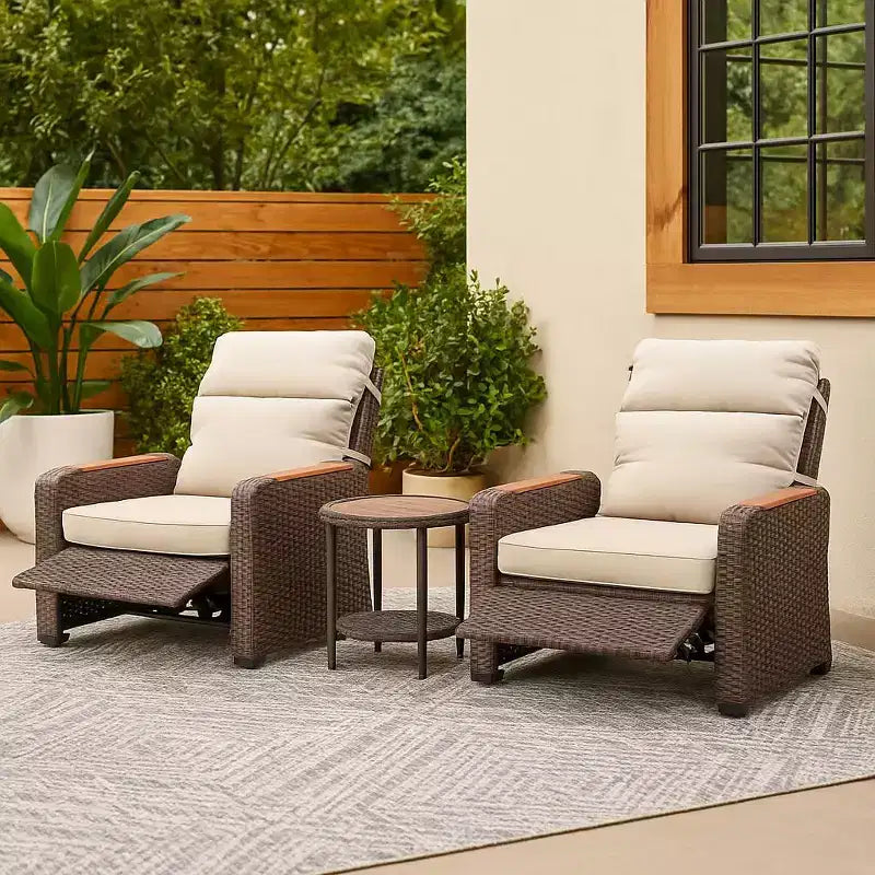Teamson Home - Set da Esterno Reclinabile in Vimini a 3 Pezzi con Braccioli e Cuscini in Legno