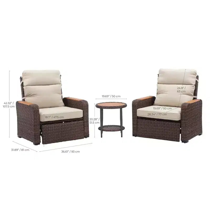 Teamson Home - Set da Esterno Reclinabile in Vimini a 3 Pezzi con Braccioli e Cuscini in Legno