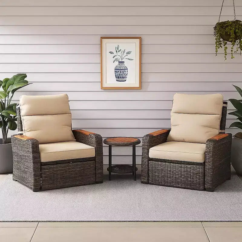 Teamson Home - Set da Esterno Reclinabile in Vimini a 3 Pezzi con Braccioli e Cuscini in Legno
