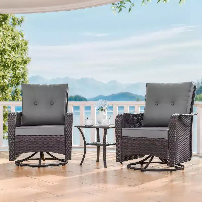 ALAULM Set di 3 Poltrone Girevoli a Dondolo in Vimini da Esterno per Patio con 1 Tavolino da Caffè in Rattan