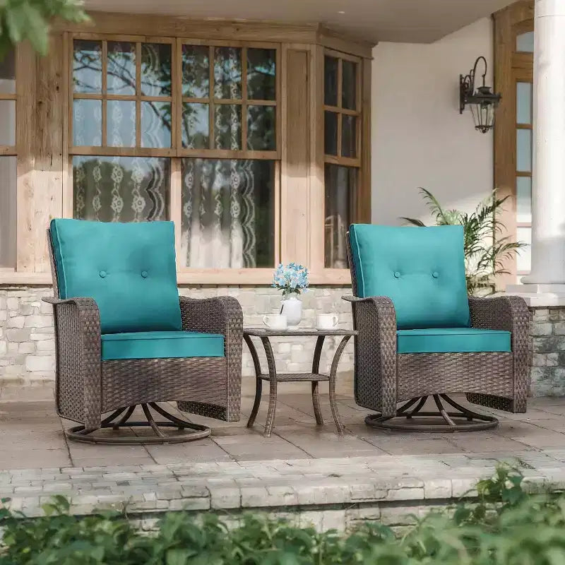 ALAULM Set di 3 Poltrone Girevoli a Dondolo in Vimini da Esterno per Patio con 1 Tavolino da Caffè in Rattan