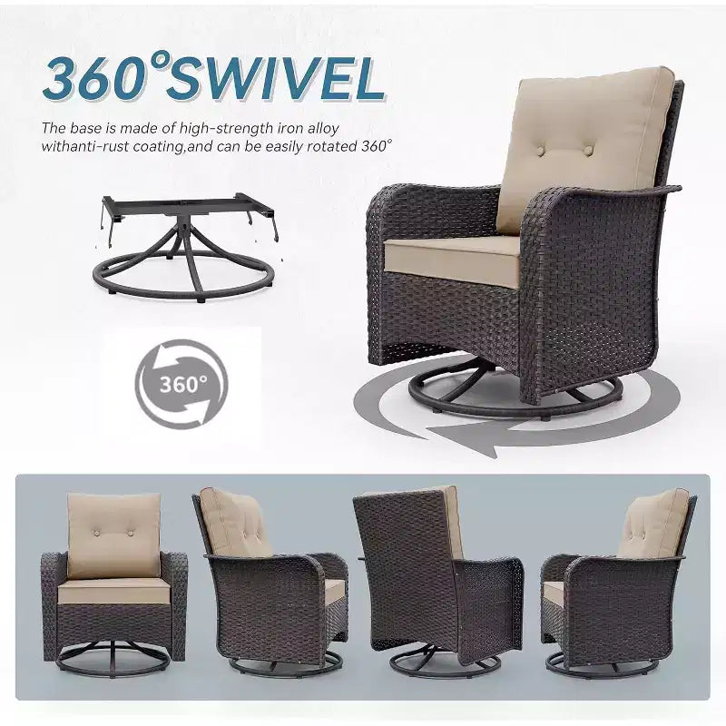 ALAULM Set di 3 Poltrone Girevoli a Dondolo in Vimini da Esterno per Patio con 1 Tavolino da Caffè in Rattan