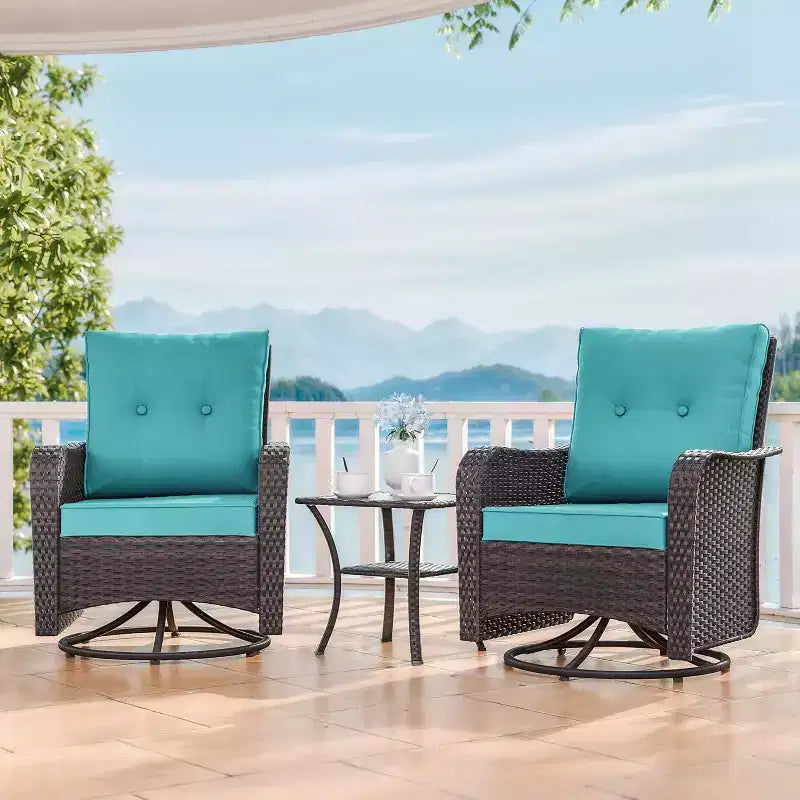ALAULM Set di 3 Poltrone Girevoli a Dondolo in Vimini da Esterno per Patio con 1 Tavolino da Caffè in Rattan