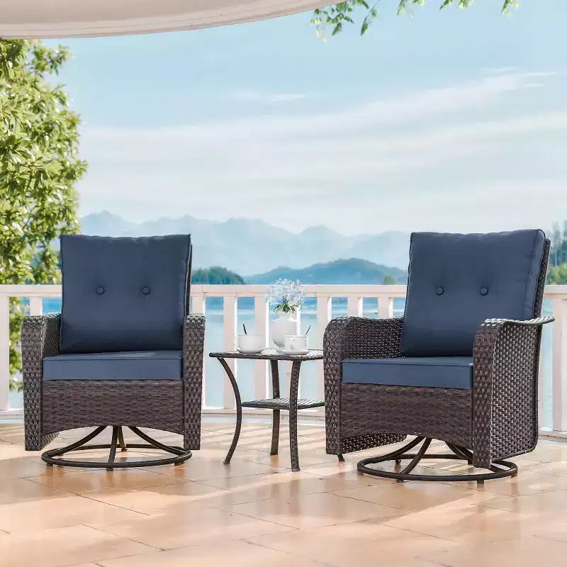 ALAULM Set di 3 Poltrone Girevoli a Dondolo in Vimini da Esterno per Patio con 1 Tavolino da Caffè in Rattan