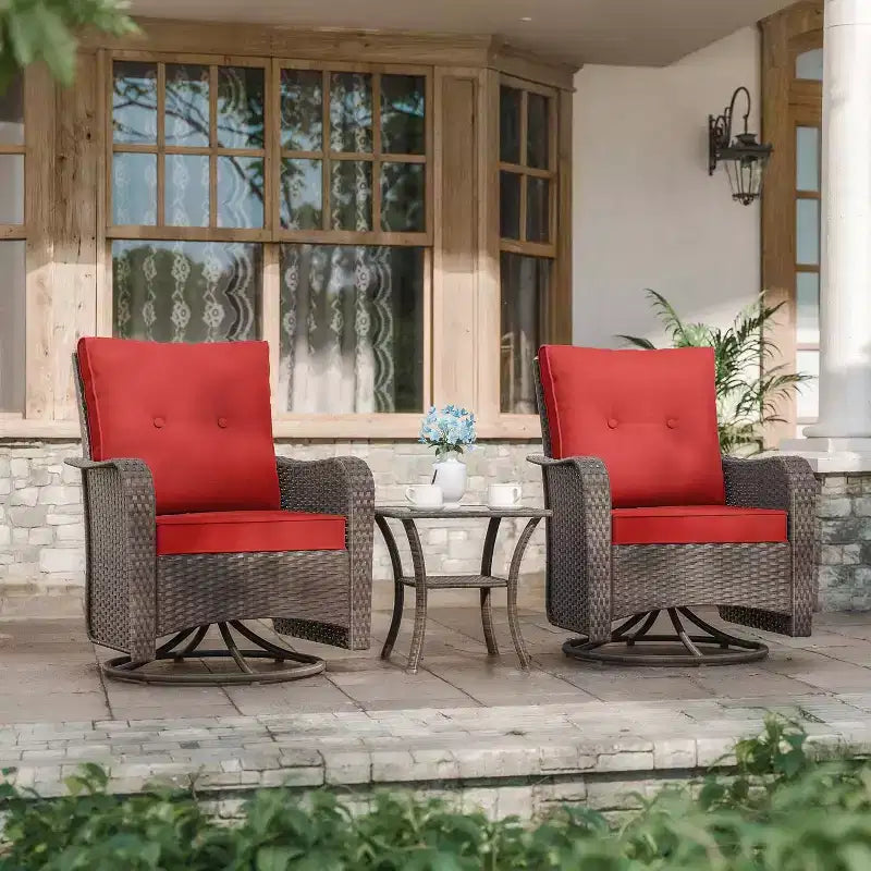 ALAULM Set di 3 Poltrone Girevoli a Dondolo in Vimini da Esterno per Patio con 1 Tavolino da Caffè in Rattan