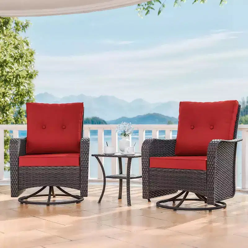 ALAULM Set di 3 Poltrone Girevoli a Dondolo in Vimini da Esterno per Patio con 1 Tavolino da Caffè in Rattan