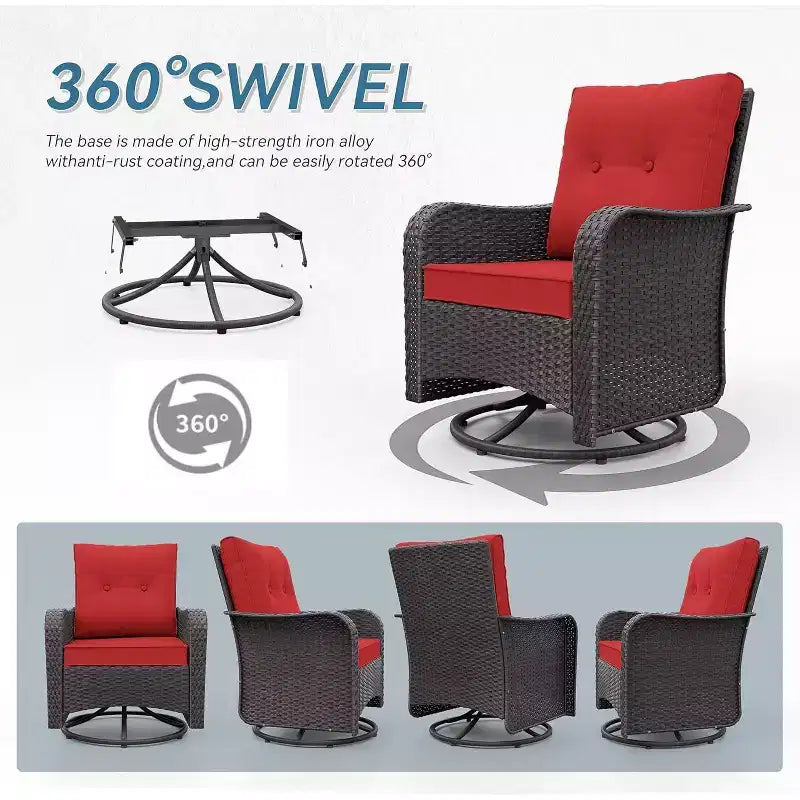 ALAULM Set di 3 Poltrone Girevoli a Dondolo in Vimini da Esterno per Patio con 1 Tavolino da Caffè in Rattan