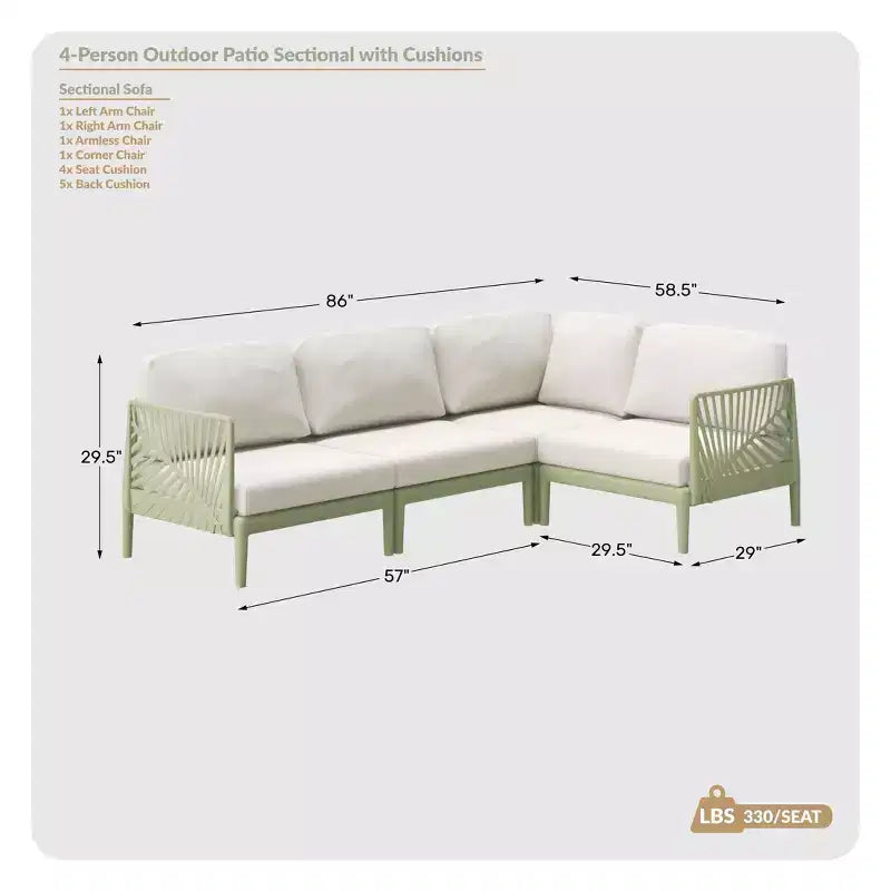 WestinTrends Playa Moderno Set Salotto da Esterno Sezionale a L Modulare a 4 Pezzi in Resina Polipropilene, Verde