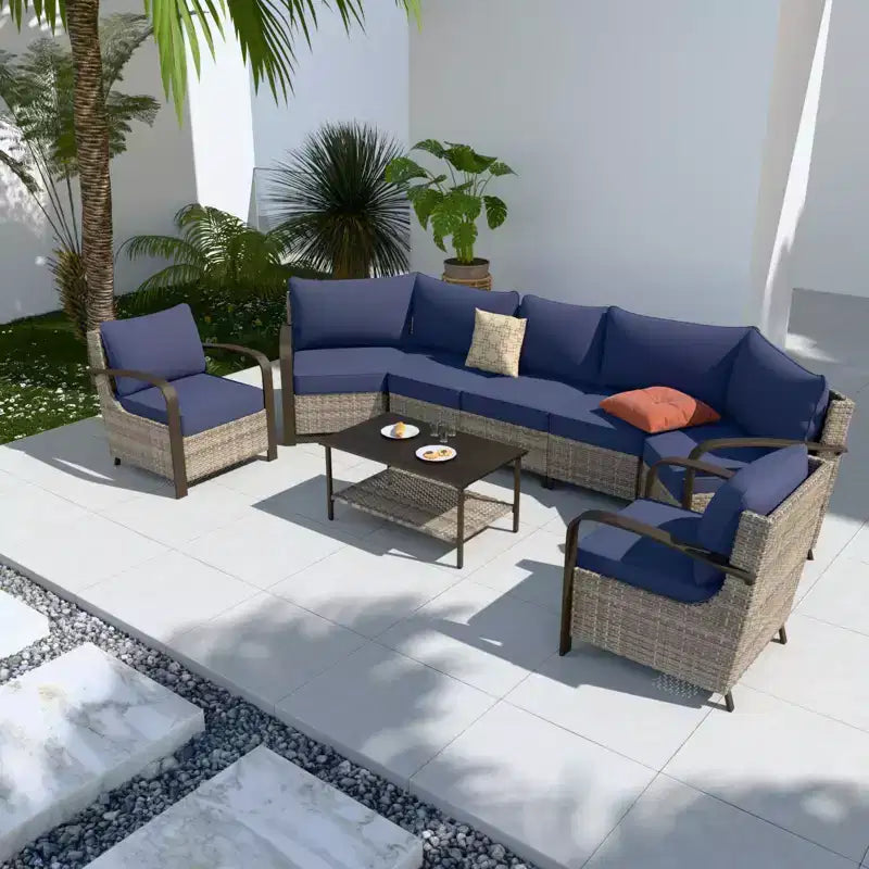 Set di mobili da giardino EAGLE PEAK Coastal Vista, set da conversazione da patio in vimini curvato a mezzaluna con tavolino da caffè