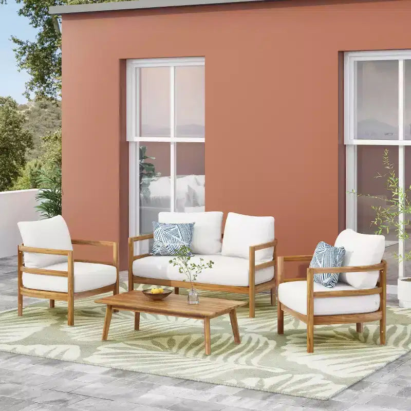 Christopher Knight Home Aggie Set da Salotto da Esterno a 4 Posti in Legno di Acacia con Cuscini, Teak/Bianco
