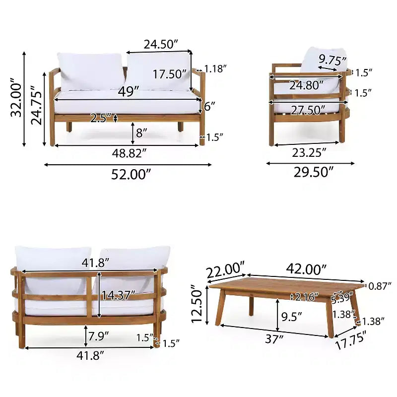 Christopher Knight Home Aggie Set da Salotto da Esterno a 4 Posti in Legno di Acacia con Cuscini, Teak/Bianco