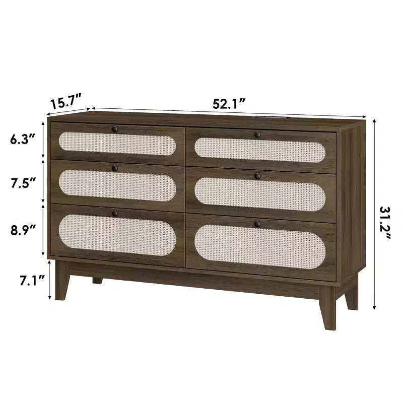 Cassettiera a 6 cassetti in rattan naturale con porte USB e prese di corrente