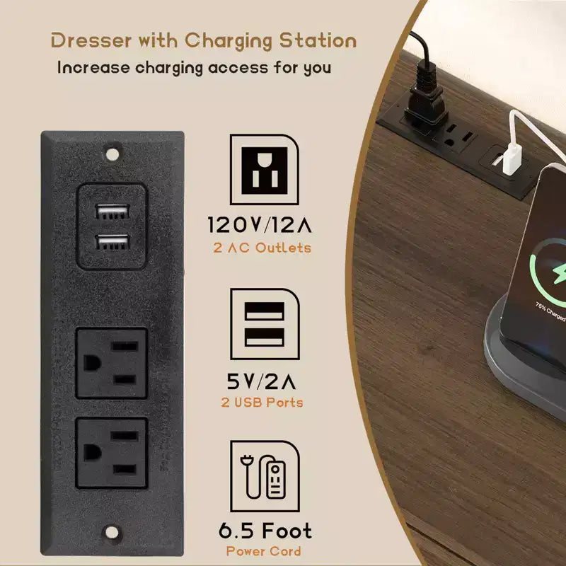 Cassettiera a 6 cassetti in rattan naturale con porte USB e prese di corrente