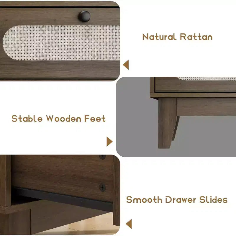 Cassettiera a 6 cassetti in rattan naturale con porte USB e prese di corrente
