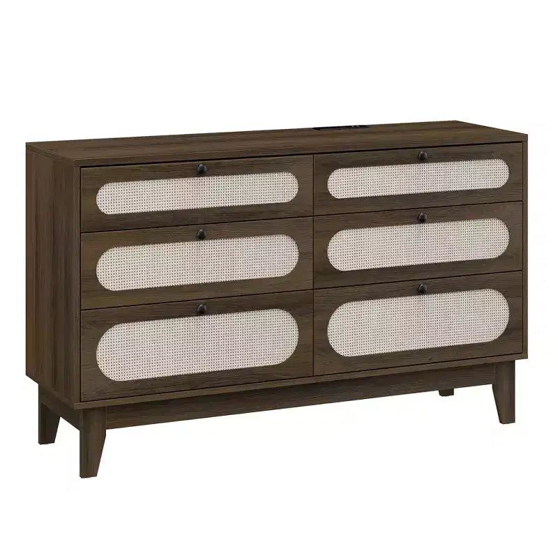 Cassettiera a 6 cassetti in rattan naturale con porte USB e prese di corrente