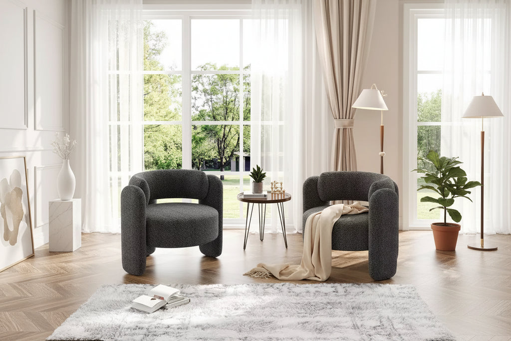 Poltrona d'accento in ciniglia grigio scuro/bianco, bracciolo arrotondato aperto, 1 posto