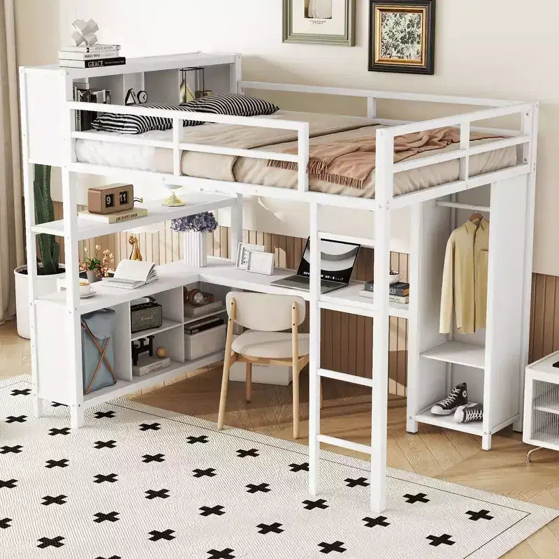 Letto a soppalco full size nero/bianco sporco con armadio e scrivania a L – Singolo