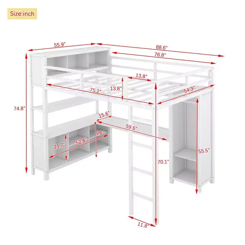 Letto a soppalco full size nero/bianco sporco con armadio e scrivania a L – Singolo