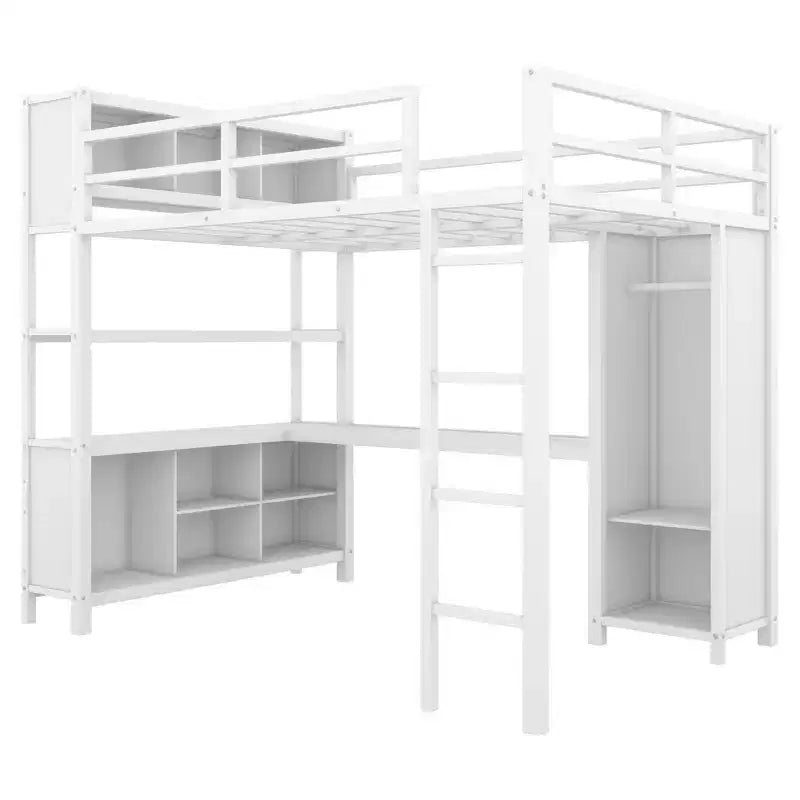 Letto a soppalco full size nero/bianco sporco con armadio e scrivania a L – Singolo