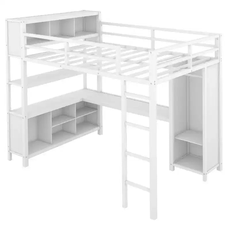 Letto a soppalco full size nero/bianco sporco con armadio e scrivania a L – Singolo