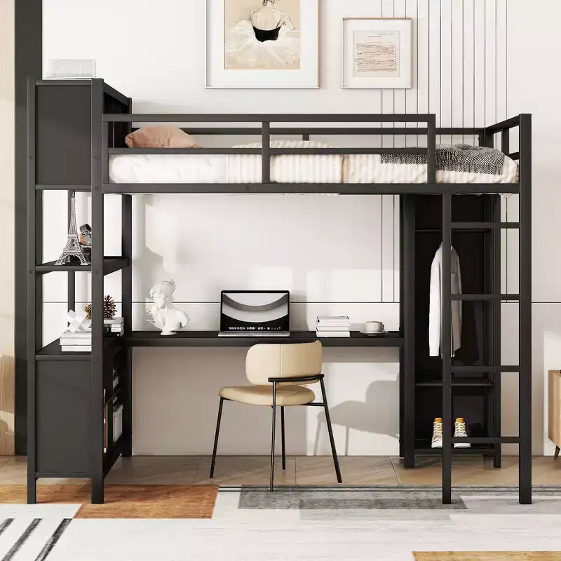 Letto a soppalco full size nero/bianco sporco con armadio e scrivania a L – Singolo