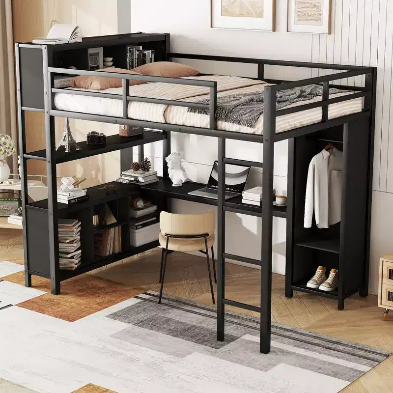 Letto a soppalco full size nero/bianco sporco con armadio e scrivania a L – Singolo
