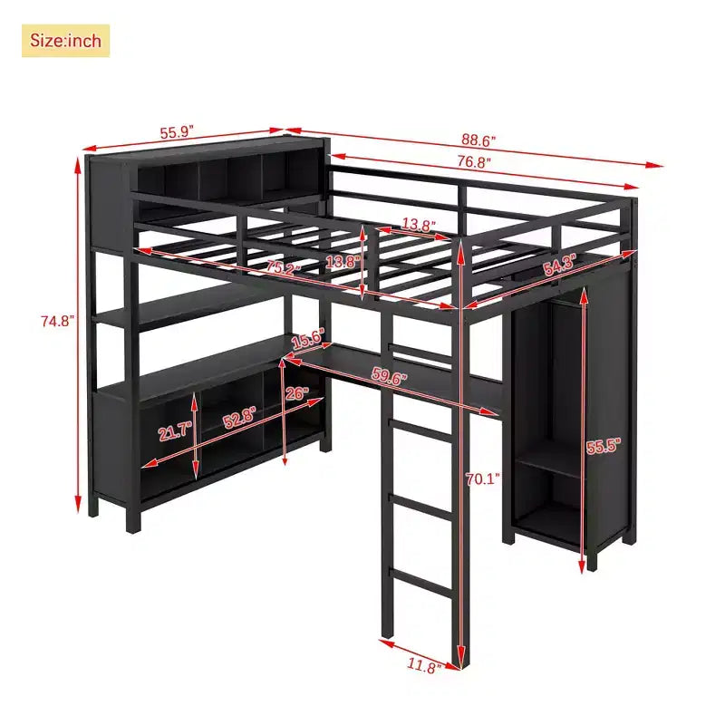 Letto a soppalco full size nero/bianco sporco con armadio e scrivania a L – Singolo