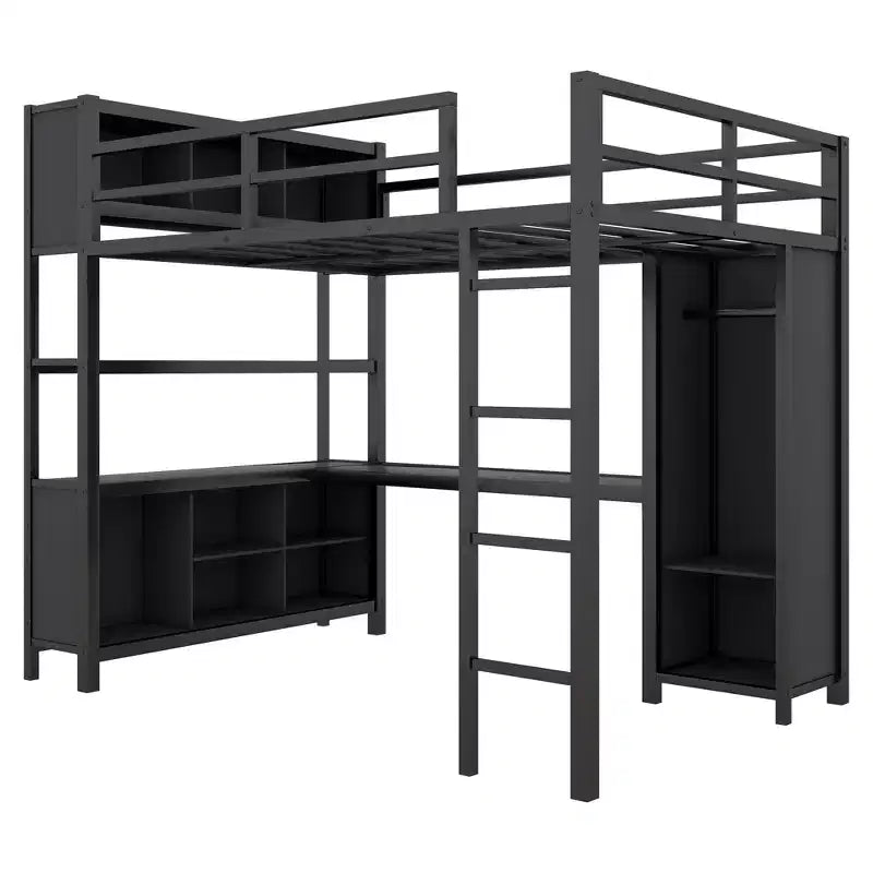 Letto a soppalco full size nero/bianco sporco con armadio e scrivania a L – Singolo