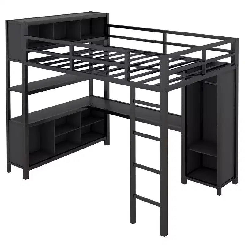 Letto a soppalco full size nero/bianco sporco con armadio e scrivania a L – Singolo