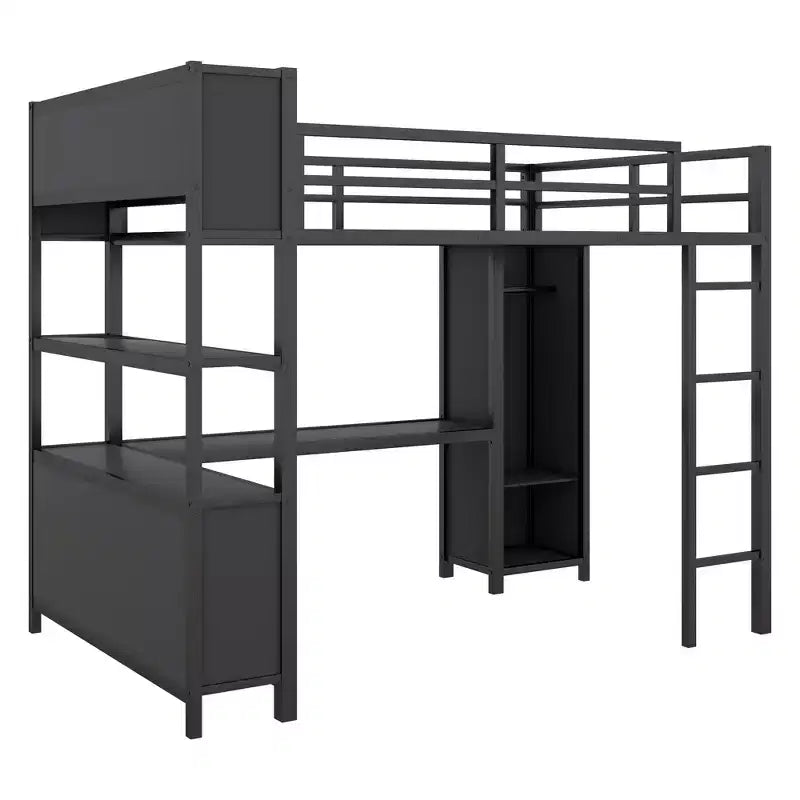 Letto a soppalco full size nero/bianco sporco con armadio e scrivania a L – Singolo