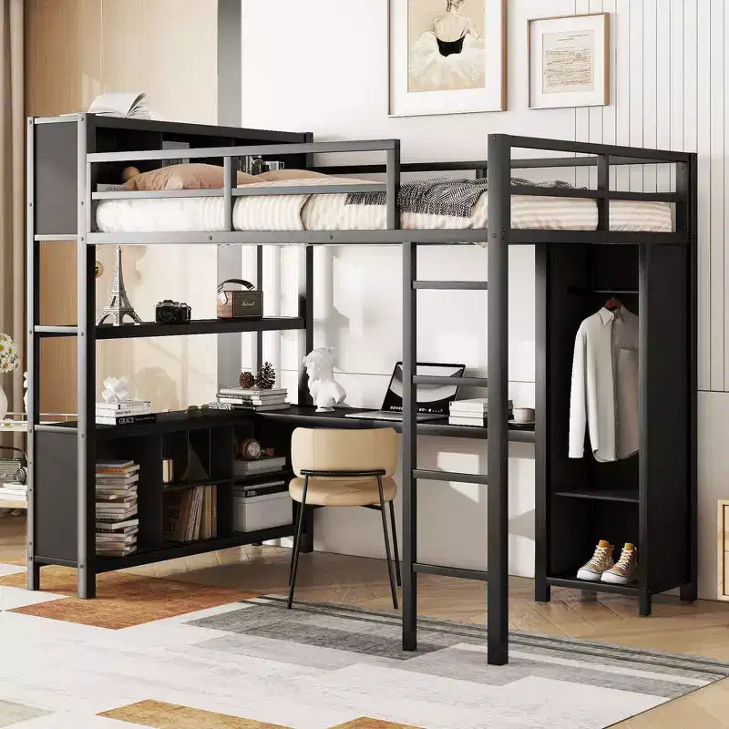 Letto a soppalco full size nero/bianco sporco con armadio e scrivania a L – Singolo