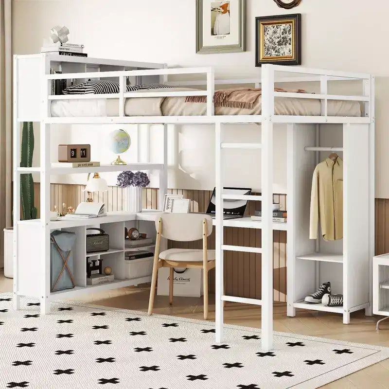Okak Full Size Loft Bed with Wardrobe & L-Shaped Desk,Heavy Duty Metal Bunk Beds with Storage Shelves,Modern Loft Beds for Teens & Adults
