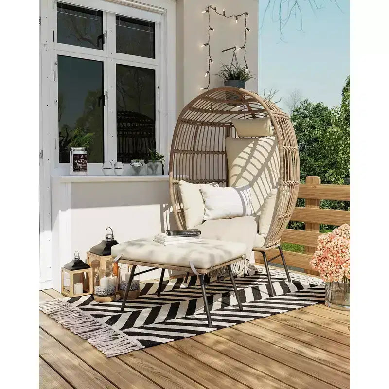 Poltrona a uovo oversize in vimini con pouf - Sedia lounge a forma di uovo con cuscino spesso, comoda seduta a uovo in rattan, per interni ed esterni, per patio portico cortile