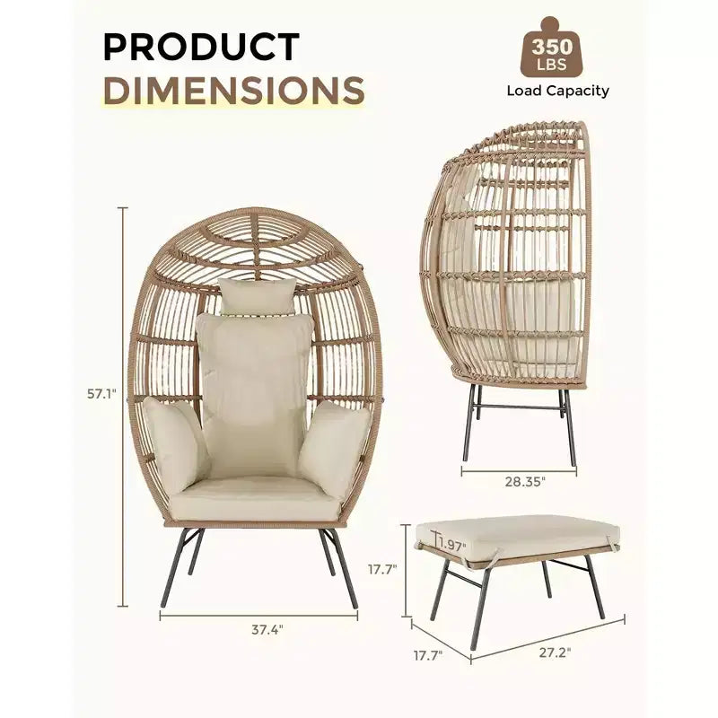 Poltrona a uovo oversize in vimini con pouf - Sedia lounge a forma di uovo con cuscino spesso, comoda seduta a uovo in rattan, per interni ed esterni, per patio portico cortile