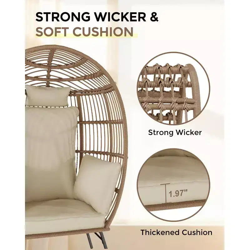 Poltrona a uovo oversize in vimini con pouf - Sedia lounge a forma di uovo con cuscino spesso, comoda seduta a uovo in rattan, per interni ed esterni, per patio portico cortile