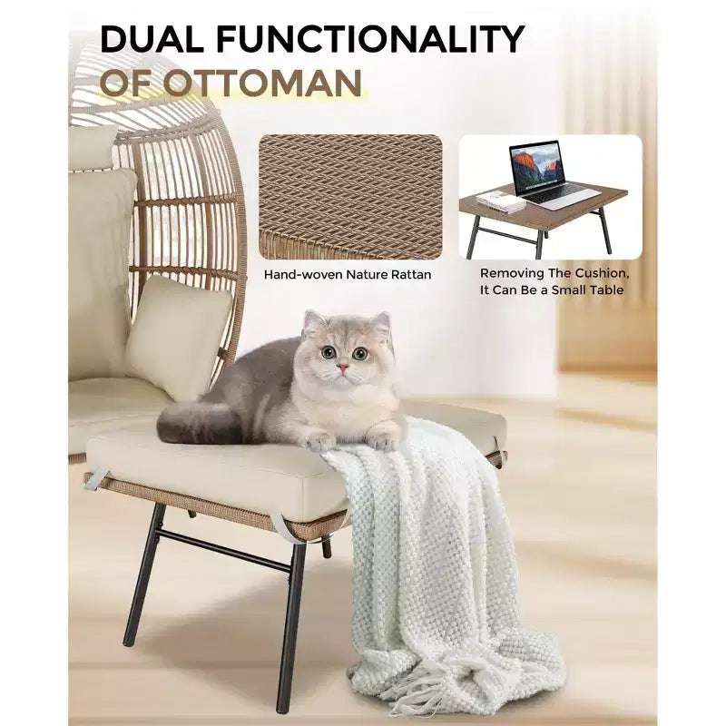 Poltrona a uovo oversize in vimini con pouf - Sedia lounge a forma di uovo con cuscino spesso, comoda seduta a uovo in rattan, per interni ed esterni, per patio portico cortile