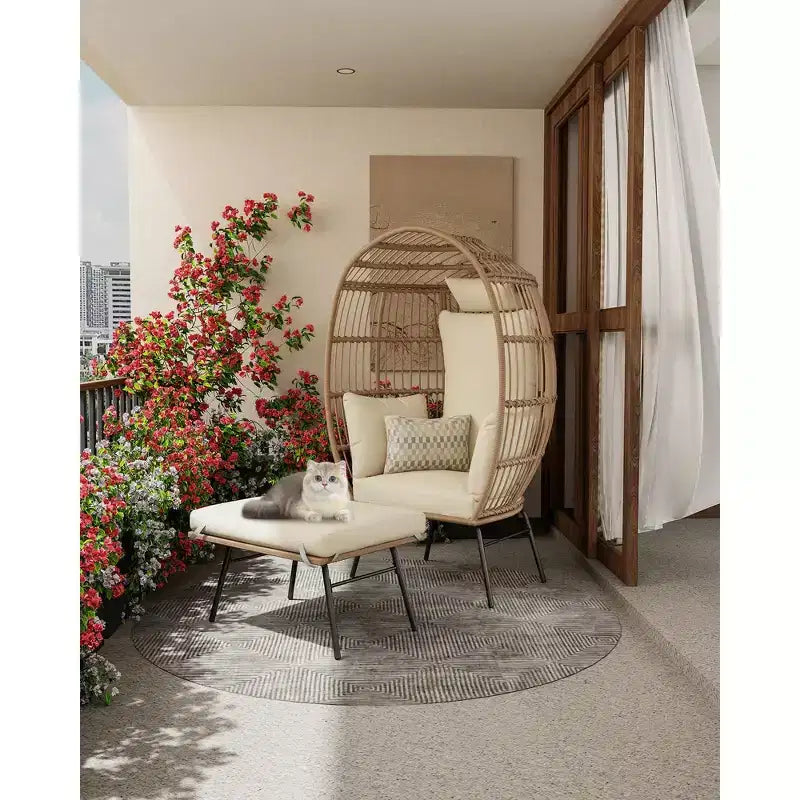 Poltrona a uovo oversize in vimini con pouf - Sedia lounge a forma di uovo con cuscino spesso, comoda seduta a uovo in rattan, per interni ed esterni, per patio portico cortile