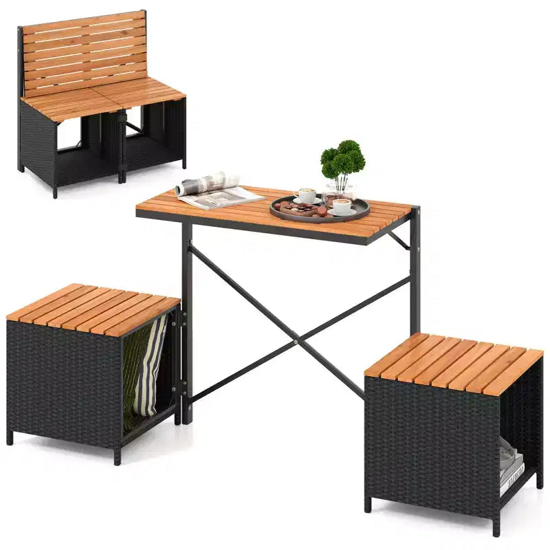 Panca convertibile da esterno 2-in-1 Costway con struttura in metallo, tavolo e sedie in rattan PE