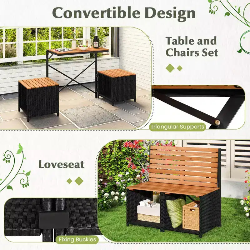 Panca convertibile da esterno 2-in-1 Costway con struttura in metallo, tavolo e sedie in rattan PE
