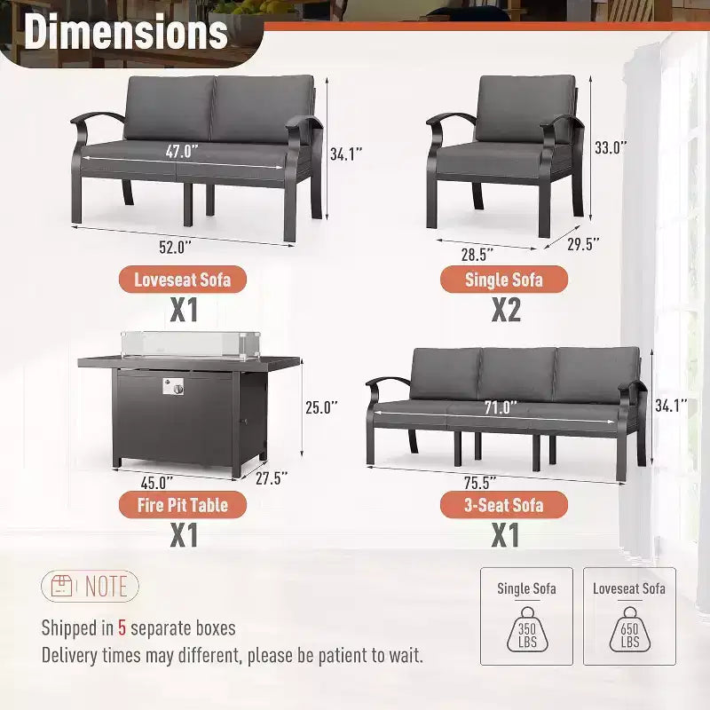 Set di mobili da giardino ALAULM in alluminio a 7 posti moderno, con set conversazione da esterno in metallo e tavolo con braciere a propano da 45 pollici