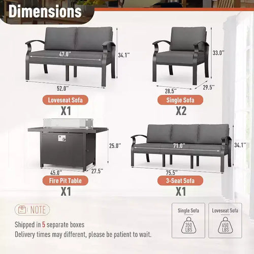 Set di mobili da giardino ALAULM in alluminio a 7 posti moderno, con set conversazione da esterno in metallo e tavolo con braciere a propano da 45 pollici