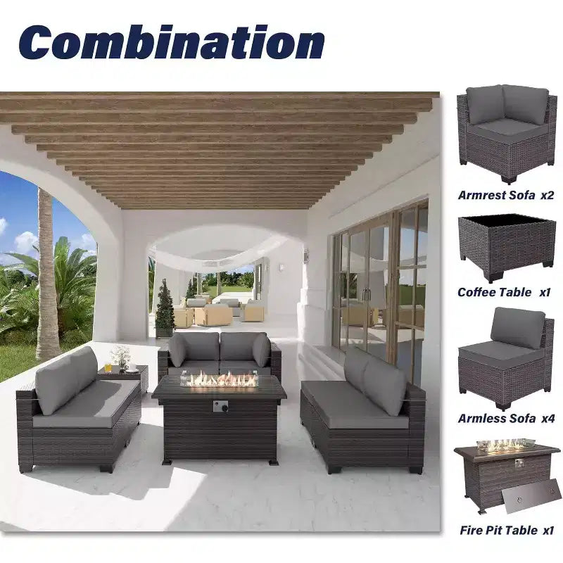 Set di mobili da patio ALAULM 8 pezzi, set da conversazione per esterni in vimini di rattan, set divano mobile