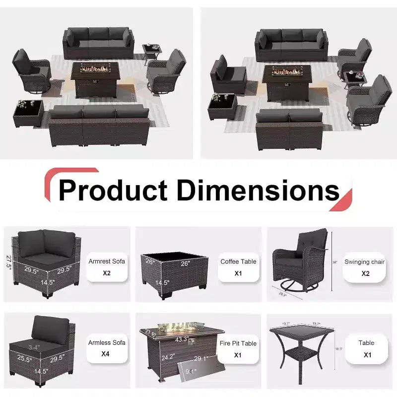 ALAULM Set di Mobili da Esterno da 11 Pezzi per Patio, Salotto da Esterno in Rattan con Tavolo a Focolare a Propano da 109 cm