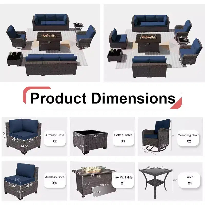 ALAULM Set di Mobili da Esterno da 11 Pezzi per Patio, Salotto da Esterno in Rattan con Tavolo a Focolare a Propano da 109 cm