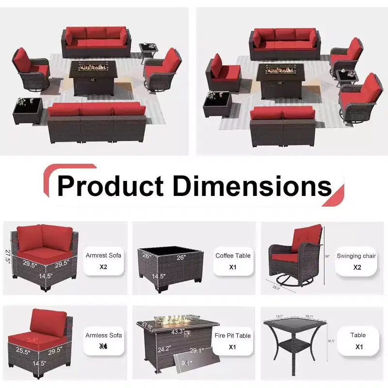 ALAULM Set di Mobili da Esterno da 11 Pezzi per Patio, Salotto da Esterno in Rattan con Tavolo a Focolare a Propano da 109 cm