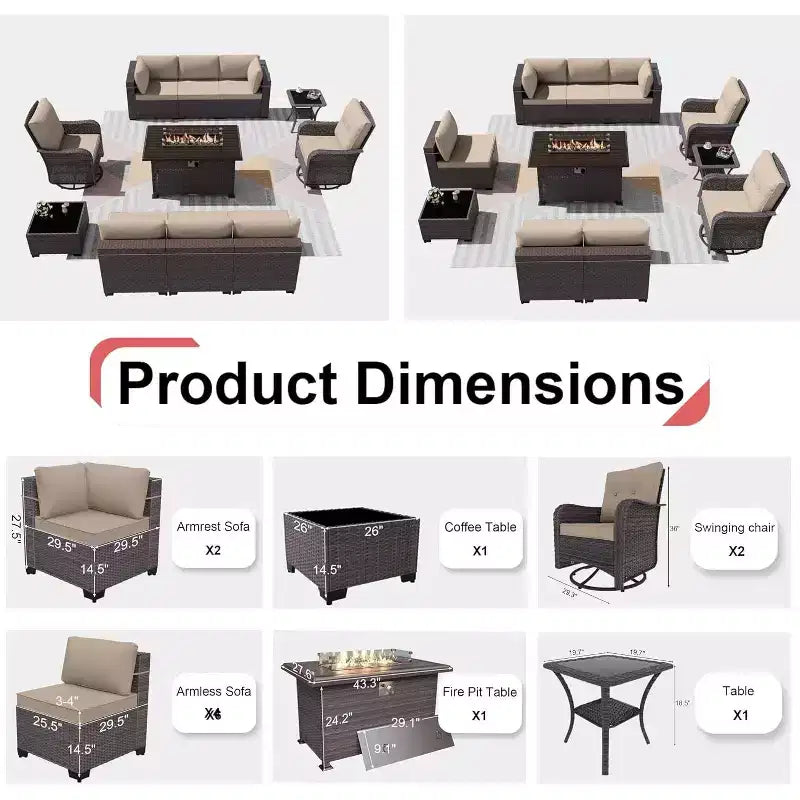 ALAULM Set di Mobili da Esterno da 11 Pezzi per Patio, Salotto da Esterno in Rattan con Tavolo a Focolare a Propano da 109 cm