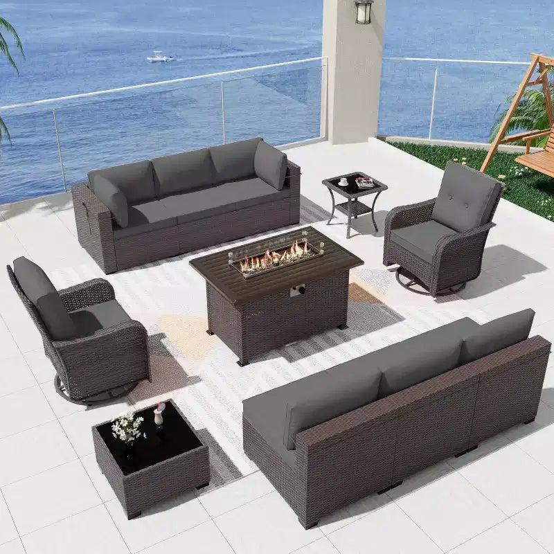 ALAULM Set di Mobili da Esterno da 11 Pezzi per Patio, Salotto da Esterno in Rattan con Tavolo a Focolare a Propano da 109 cm